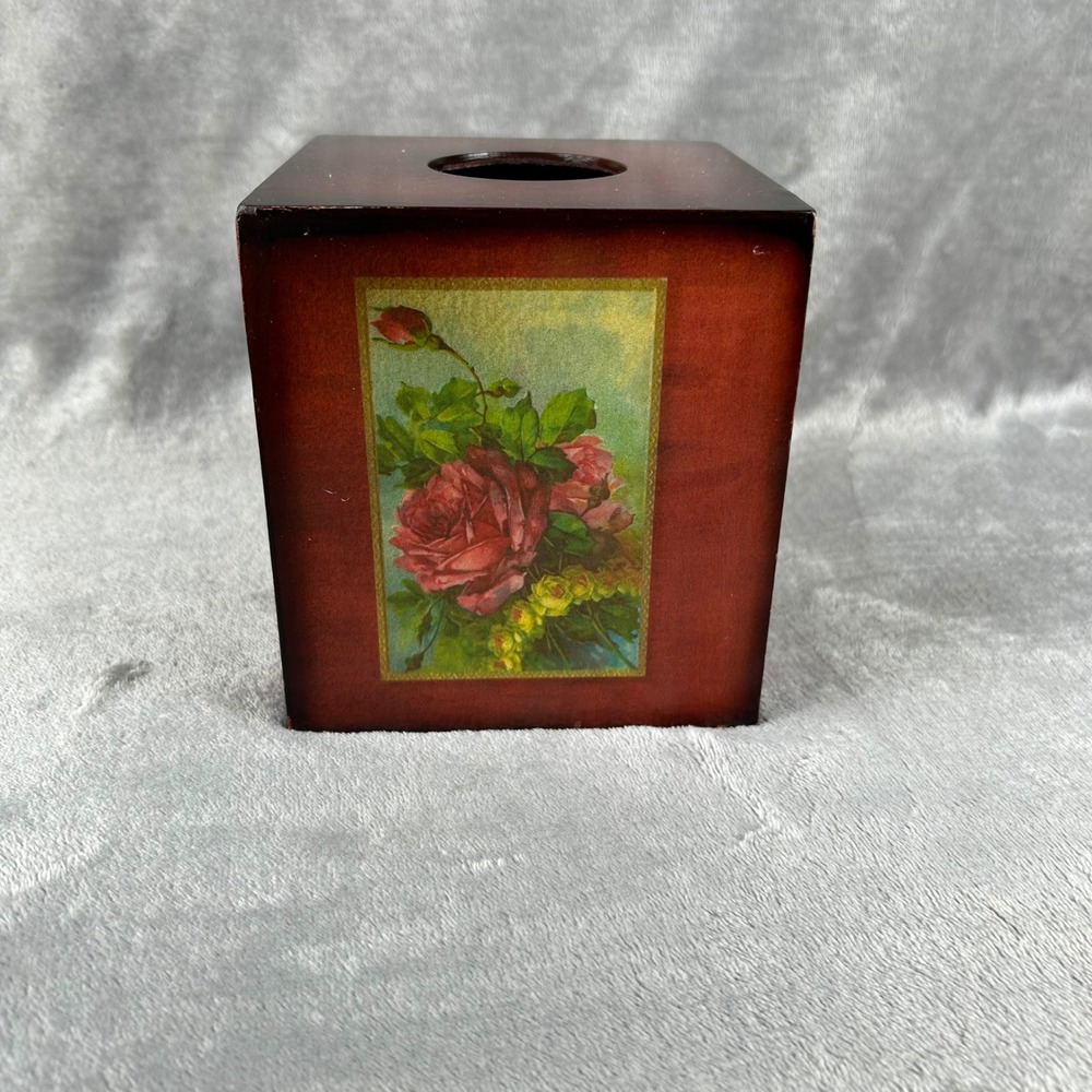 Vintage Floral Wooden Tissue Box Cover Square Botanical Rose Pansy Cottagecore
